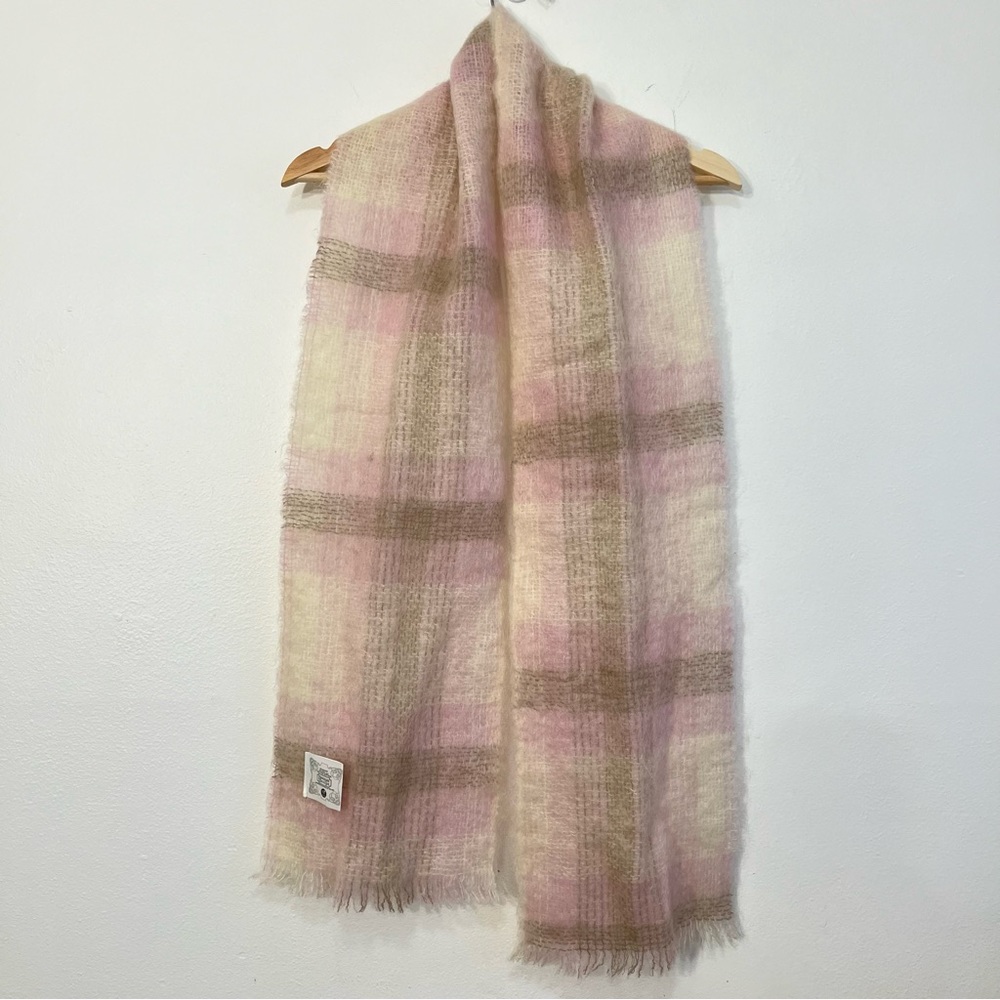 Donegal Design Mohair Wool Blend Lavender Cream Pink Plaid Scarf with Fringe